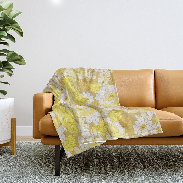 Yellow, Ivory and Brown Retro Flowers Throw Blanket Gallery Image 1