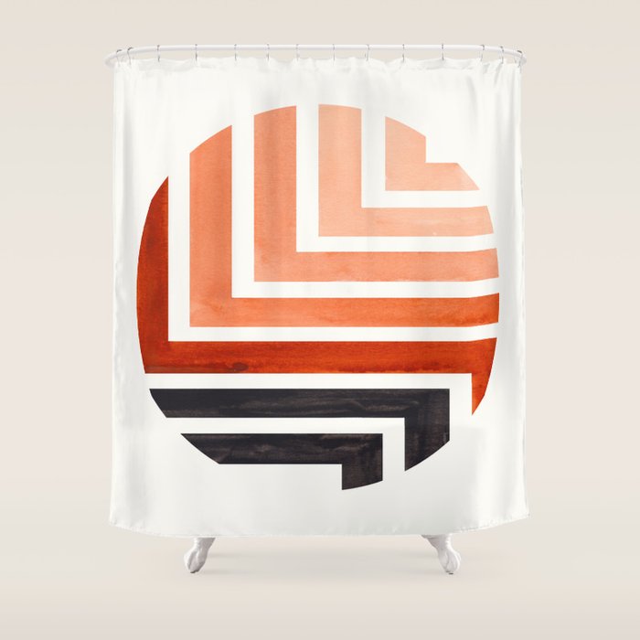 Burnt Sienna Circle Round Framed Mid Century Modern Aztec Geometric Pattern Maze Shower Curtain Gallery Image 1