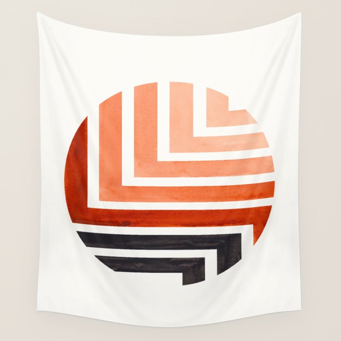 Burnt Sienna Circle Round Framed Mid Century Modern Aztec Geometric Pattern Maze Wall Tapestry Gallery Image 1