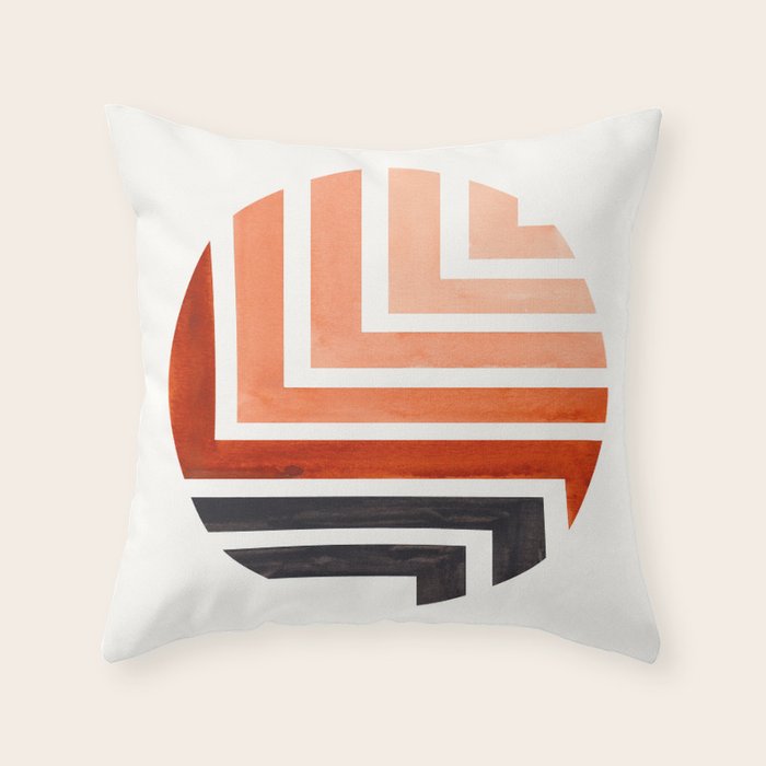 Burnt Sienna Circle Round Framed Mid Century Modern Aztec Geometric Pattern Maze Throw Pillow Gallery Image 6