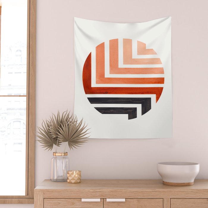 Burnt Sienna Circle Round Framed Mid Century Modern Aztec Geometric Pattern Maze Wall Tapestry Gallery Image 2