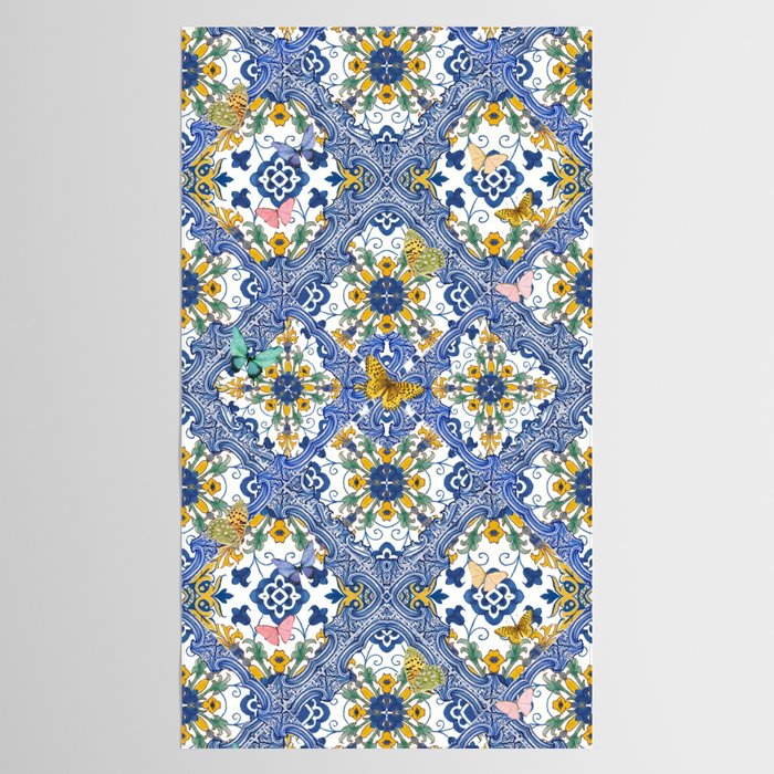 Blue ceramic maiolica tiles, yellow flowers and butterflies Tablecloth Gallery Image 2
