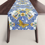 Blue ceramic maiolica tiles, yellow flowers and butterflies Table Runner Gallery Image 1