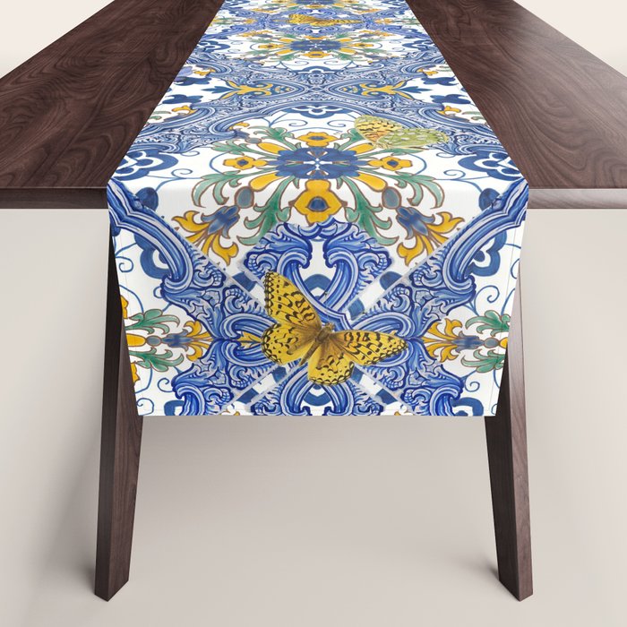 Blue ceramic maiolica tiles, yellow flowers and butterflies Table Runner Gallery Image 1