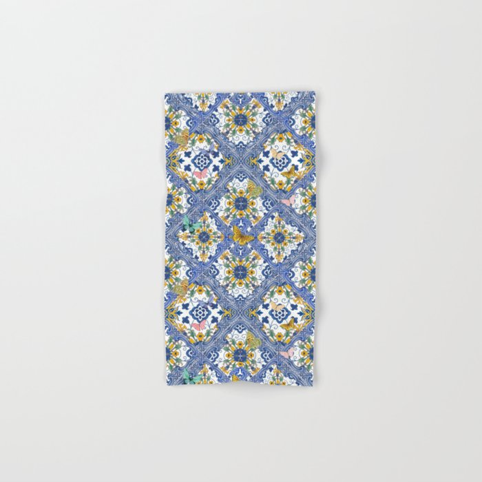 Blue ceramic maiolica tiles, yellow flowers and butterflies Bath Towel Gallery Image 1