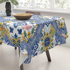 Blue ceramic maiolica tiles, yellow flowers and butterflies Tablecloth Gallery Image 3