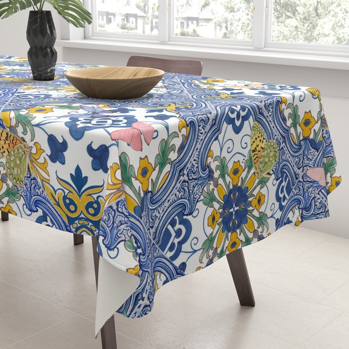 Blue ceramic maiolica tiles, yellow flowers and butterflies Tablecloth Gallery Image 3