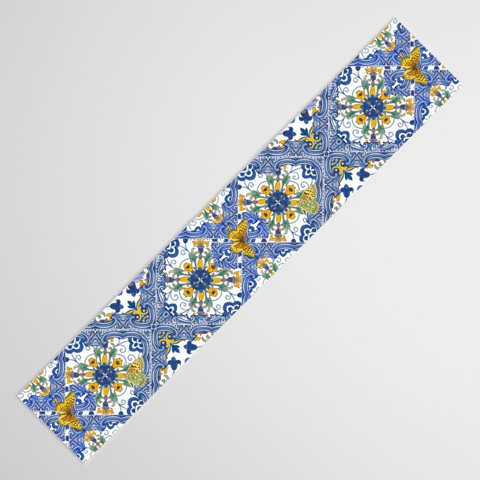 Blue ceramic maiolica tiles, yellow flowers and butterflies Table Runner Gallery Image 3