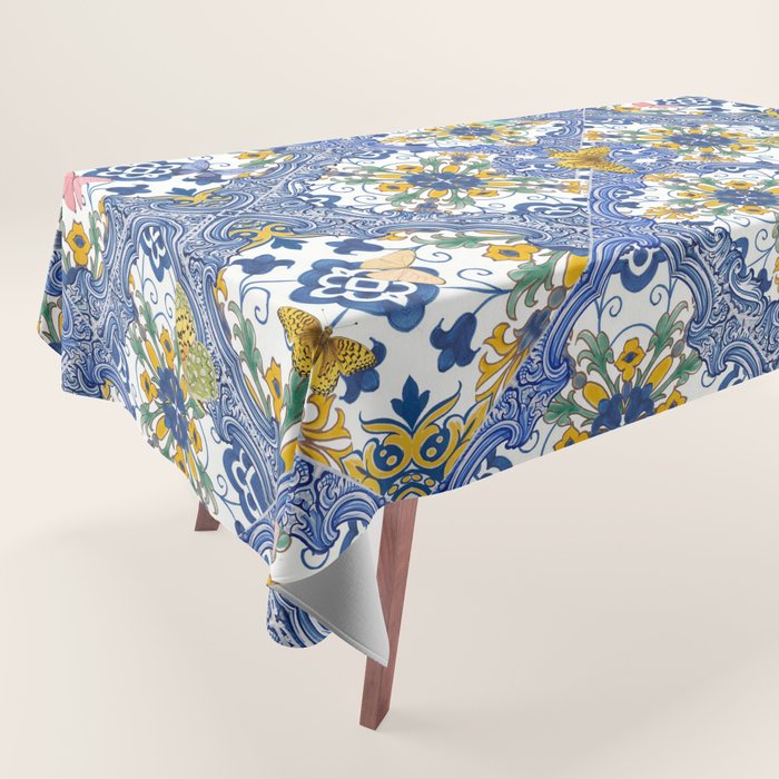 Blue ceramic maiolica tiles, yellow flowers and butterflies Tablecloth Gallery Image 1