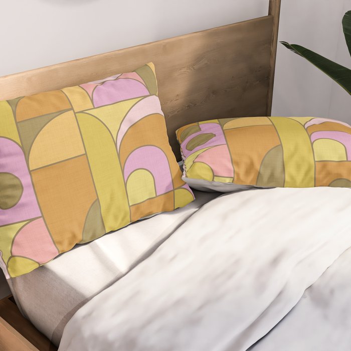 Abstract Bauhaus Shapes pink gold and olive green Pillow Sham Gallery Image 2
