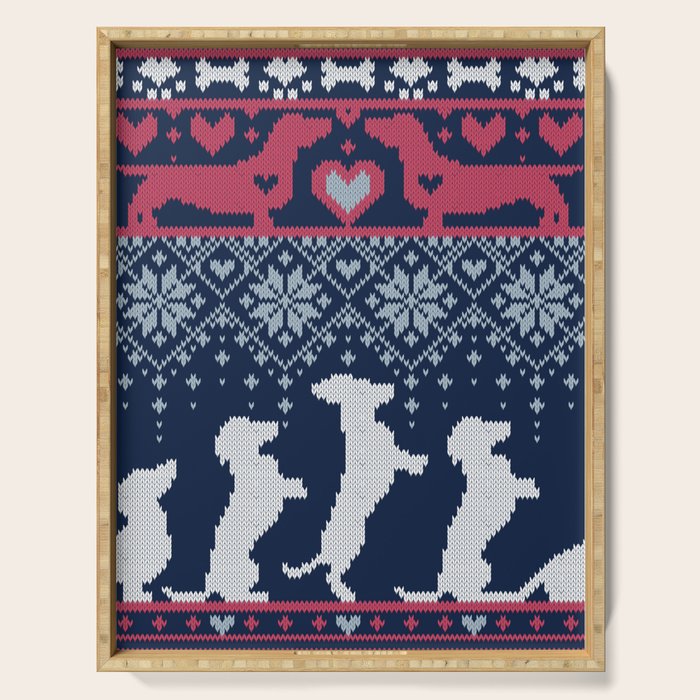 Fair Isle Knitting Doxie Love // navy blue background white and red dachshunds dogs bones paws and hearts Serving Tray Gallery Image 1