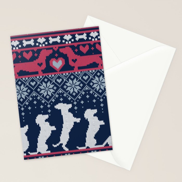 Fair Isle Knitting Doxie Love // navy blue background white and red dachshunds dogs bones paws and hearts Stationery Card Gallery Image 2