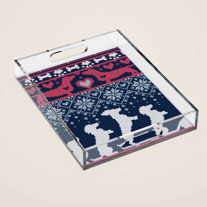 Fair Isle Knitting Doxie Love // navy blue background white and red dachshunds dogs bones paws and hearts Acrylic Tray Gallery Image 1