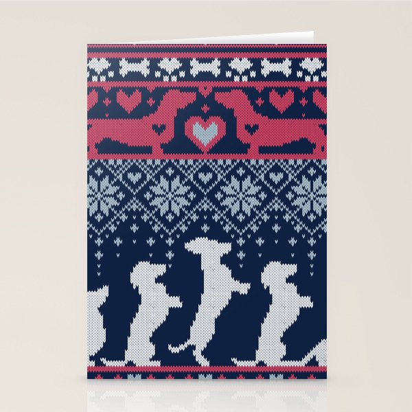 Fair Isle Knitting Doxie Love // navy blue background white and red dachshunds dogs bones paws and hearts Stationery Card Gallery Image 1