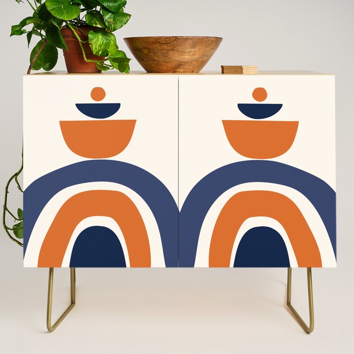 Abstract Shapes 14 in Orange and Navy Blue (Rainbow and Moon Phases Abstraction) Credenza Gallery Image 1