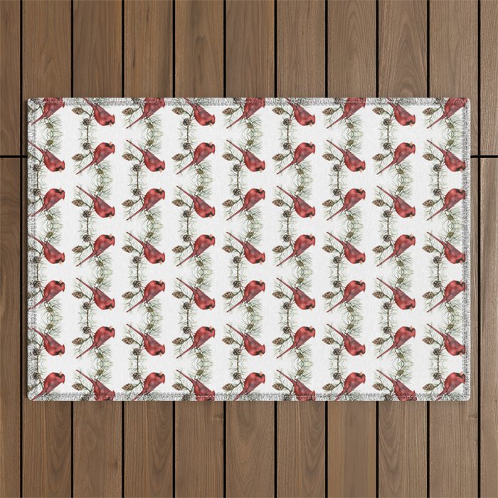 Christmas Red Cardinal Bird and Pine Watercolor Outdoor Rug Gallery Image 1