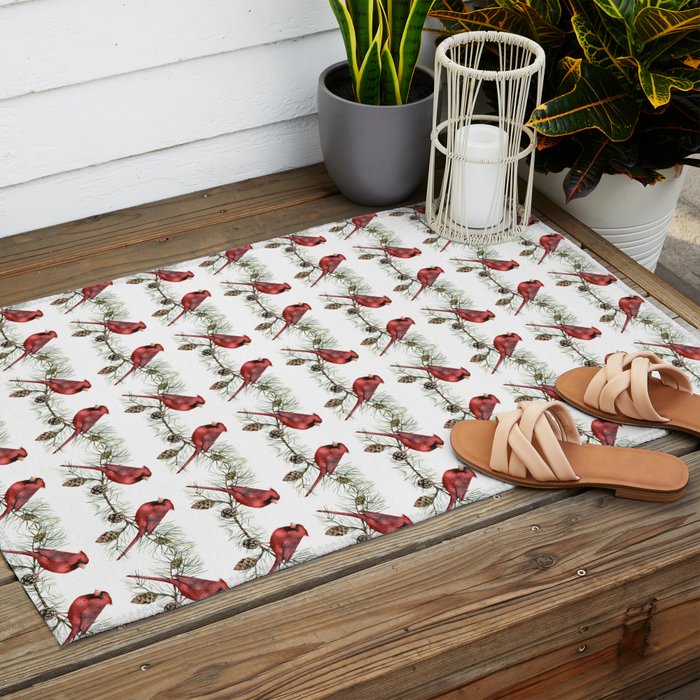 Christmas Red Cardinal Bird and Pine Watercolor Outdoor Rug Gallery Image 2