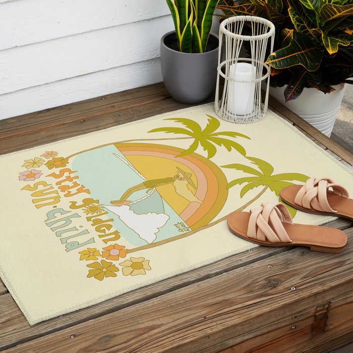 stay golden sun child lady surfer blonde / retro surf art by surfy birdy  Outdoor Rug Gallery Image 2