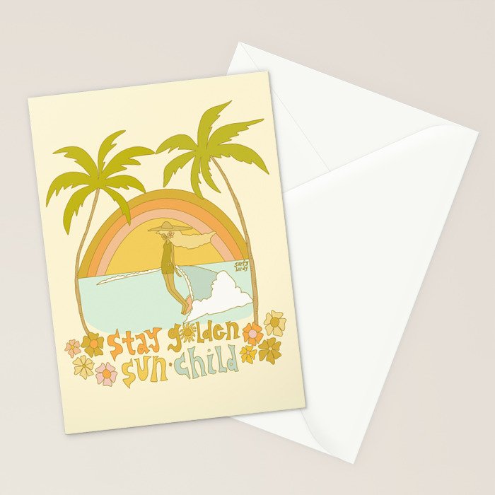 stay golden sun child lady surfer blonde / retro surf art by surfy birdy  Stationery Card Gallery Image 2