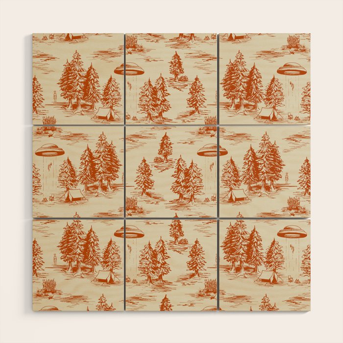 Orange Alien Abduction Toile De Jouy Pattern Wood Wall Art Gallery Image 1