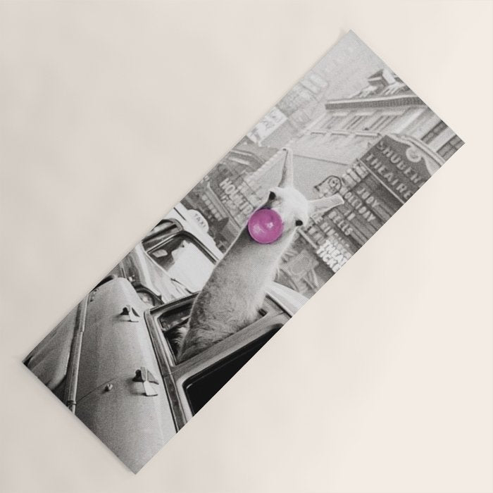 Perfect Pink Bubble Gum Llama taking a New York Taxi black and white photograph Yoga Mat Gallery Image 1