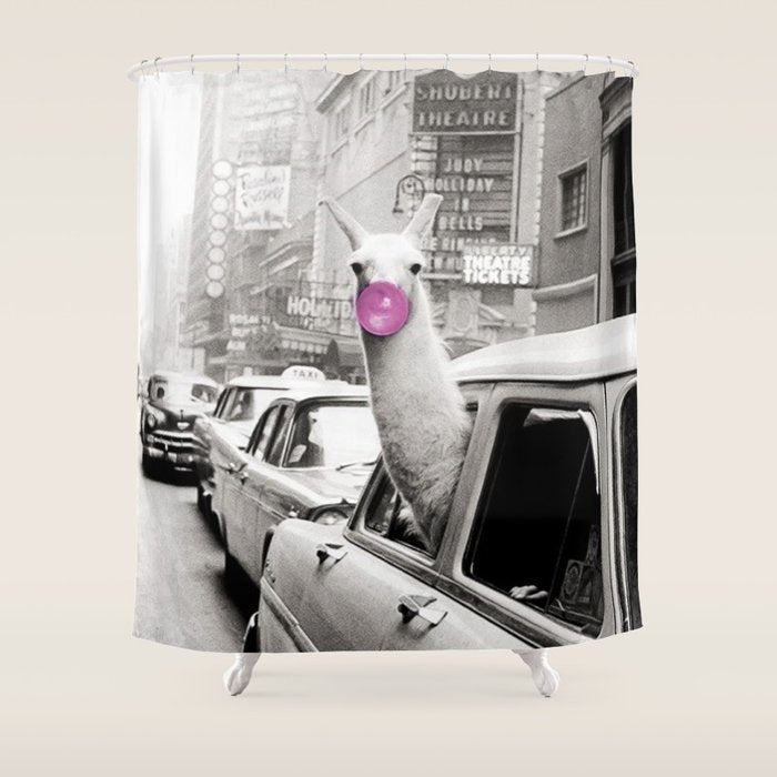 Perfect Pink Bubble Gum Llama taking a New York Taxi black and white photograph Shower Curtain Gallery Image 1