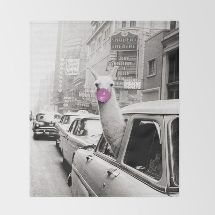 Perfect Pink Bubble Gum Llama taking a New York Taxi black and white photograph Throw Blanket Gallery Image 2