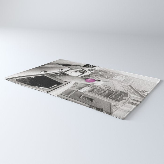 Perfect Pink Bubble Gum Llama taking a New York Taxi black and white photograph Rug Gallery Image 3
