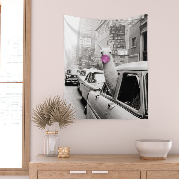 Perfect Pink Bubble Gum Llama taking a New York Taxi black and white photograph Wall Tapestry Gallery Image 2