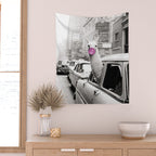 Perfect Pink Bubble Gum Llama taking a New York Taxi black and white photograph Wall Tapestry Gallery Image 2