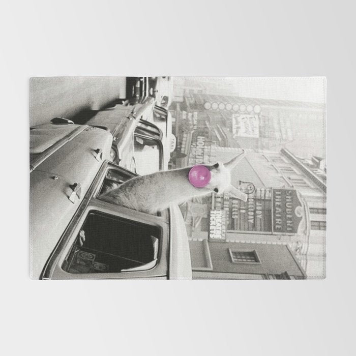 Perfect Pink Bubble Gum Llama taking a New York Taxi black and white photograph Rug Gallery Image 2