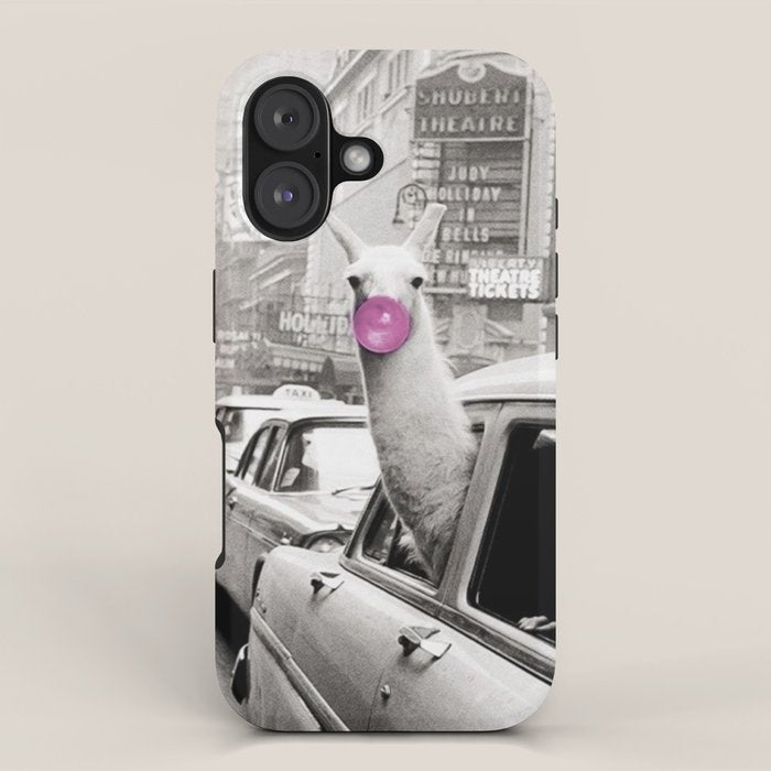 Perfect Pink Bubble Gum Llama taking a New York Taxi black and white photograph iPhone Case Gallery Image 1