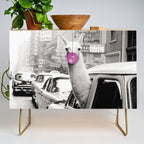 Perfect Pink Bubble Gum Llama taking a New York Taxi black and white photograph Credenza Gallery Image 1