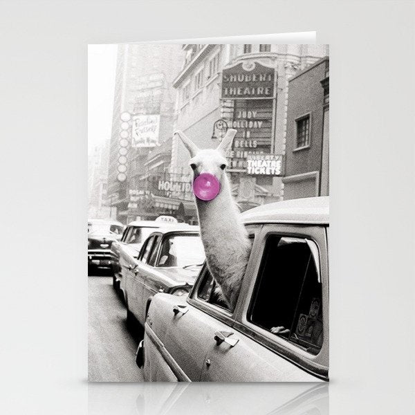 Perfect Pink Bubble Gum Llama taking a New York Taxi black and white photograph Stationery Card Gallery Image 1