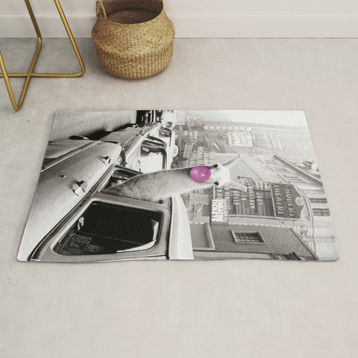 Perfect Pink Bubble Gum Llama taking a New York Taxi black and white photograph Rug Gallery Image 1