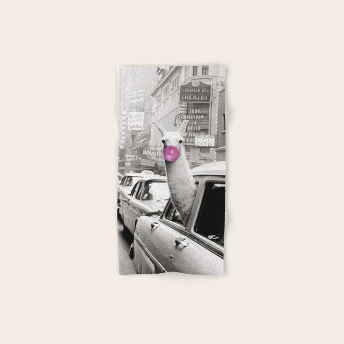Perfect Pink Bubble Gum Llama taking a New York Taxi black and white photograph Bath Towel Gallery Image 1