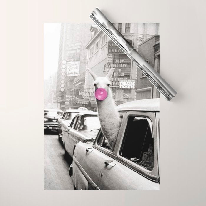 Perfect Pink Bubble Gum Llama taking a New York Taxi black and white photograph Wrapping Paper Gallery Image 1