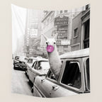 Perfect Pink Bubble Gum Llama taking a New York Taxi black and white photograph Wall Tapestry Gallery Image 4