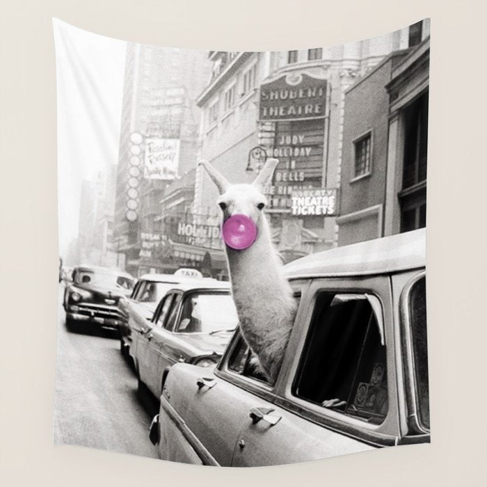 Perfect Pink Bubble Gum Llama taking a New York Taxi black and white photograph Wall Tapestry Gallery Image 4
