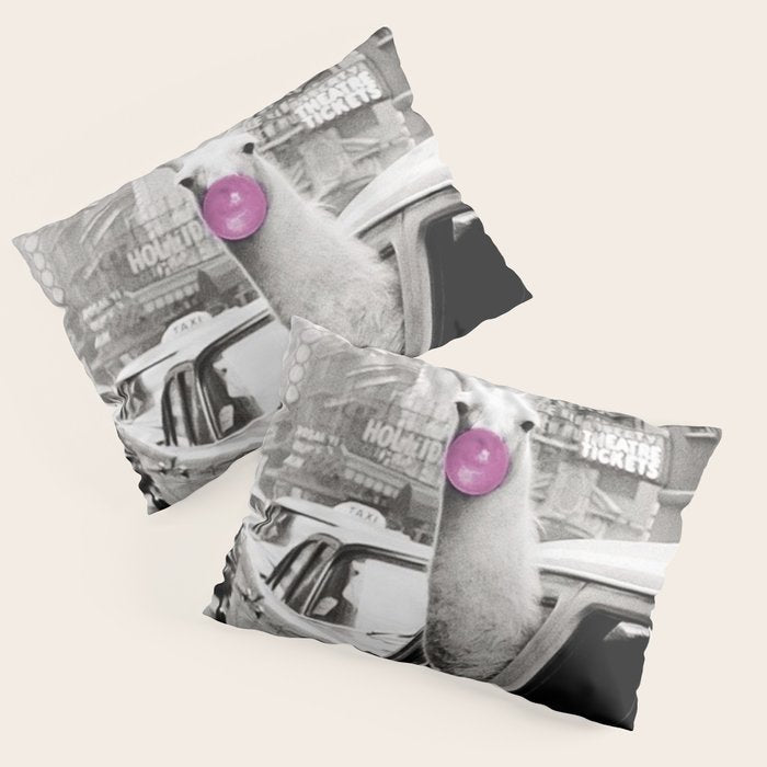Perfect Pink Bubble Gum Llama taking a New York Taxi black and white photograph Pillow Sham Gallery Image 3