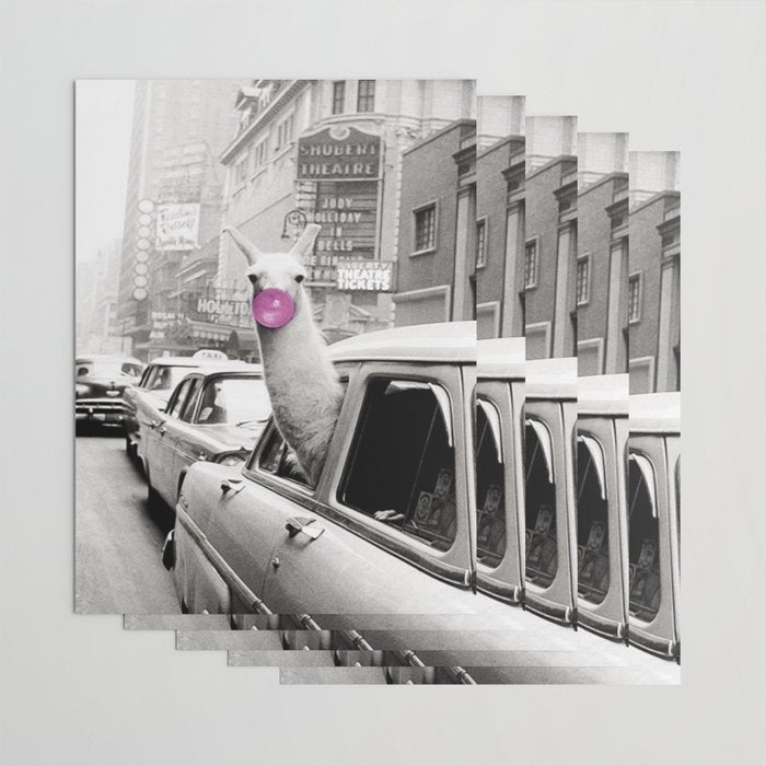 Perfect Pink Bubble Gum Llama taking a New York Taxi black and white photograph Wrapping Paper Gallery Image 3