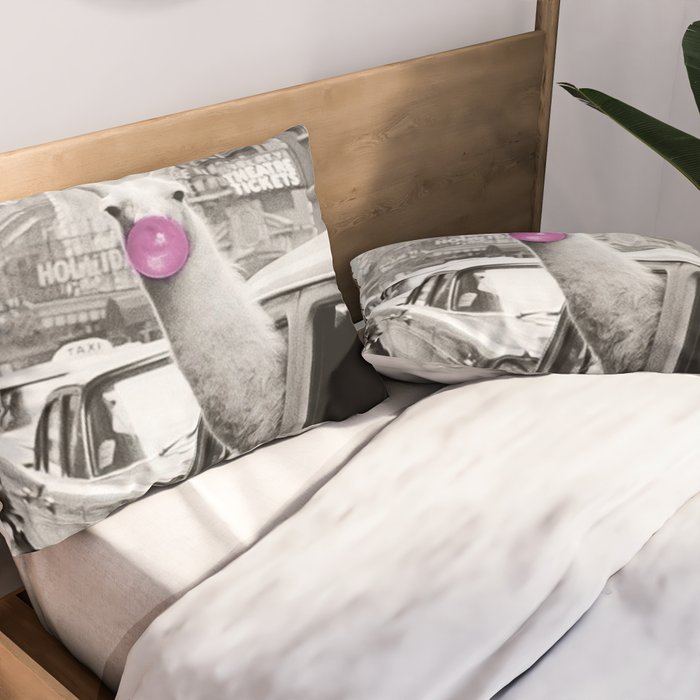 Perfect Pink Bubble Gum Llama taking a New York Taxi black and white photograph Pillow Sham Gallery Image 2