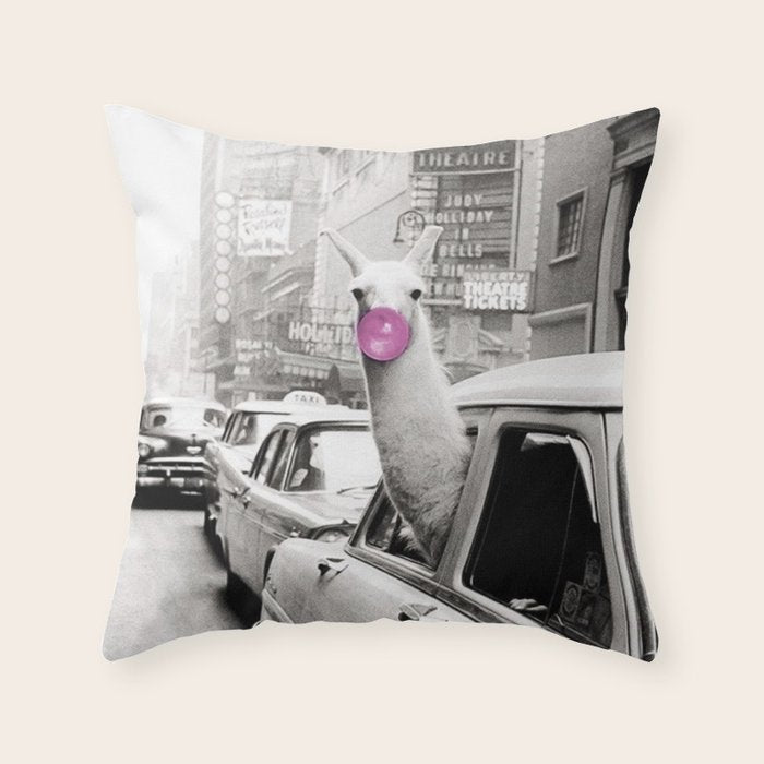Perfect Pink Bubble Gum Llama taking a New York Taxi black and white photograph Throw Pillow Gallery Image 6