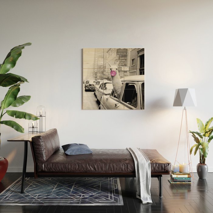 Perfect Pink Bubble Gum Llama taking a New York Taxi black and white photograph Wood Wall Art Gallery Image 2