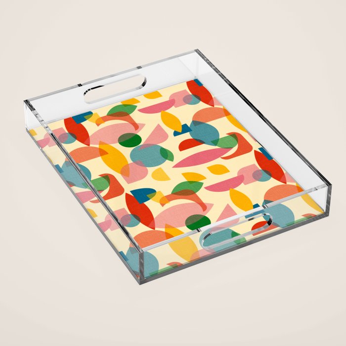 Retro Abstract Geometric Pattern with Bright Colorful Shapes and Fabric Texture Acrylic Tray Gallery Image 1