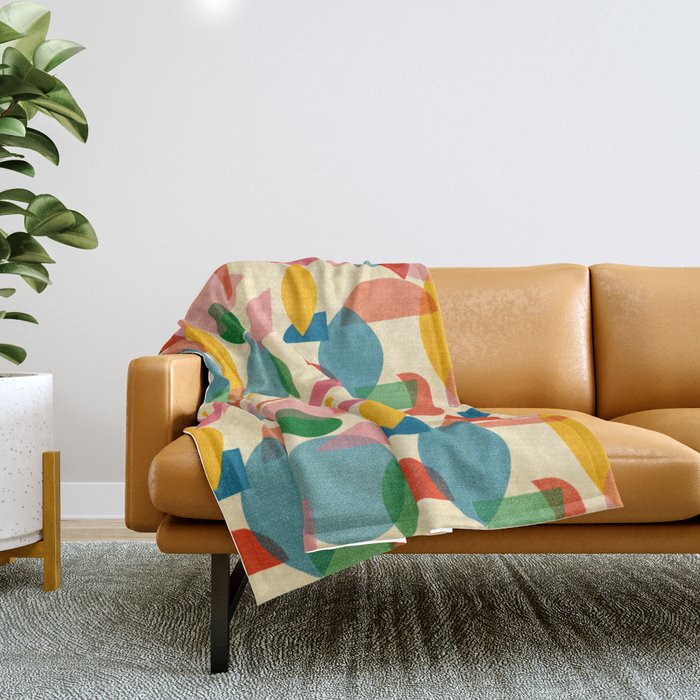 Retro Abstract Geometric Pattern with Bright Colorful Shapes and Fabric Texture Throw Blanket Gallery Image 1