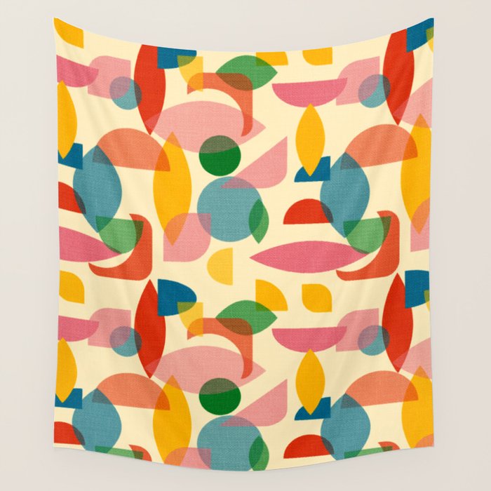 Retro Abstract Geometric Pattern with Bright Colorful Shapes and Fabric Texture Wall Tapestry Gallery Image 4