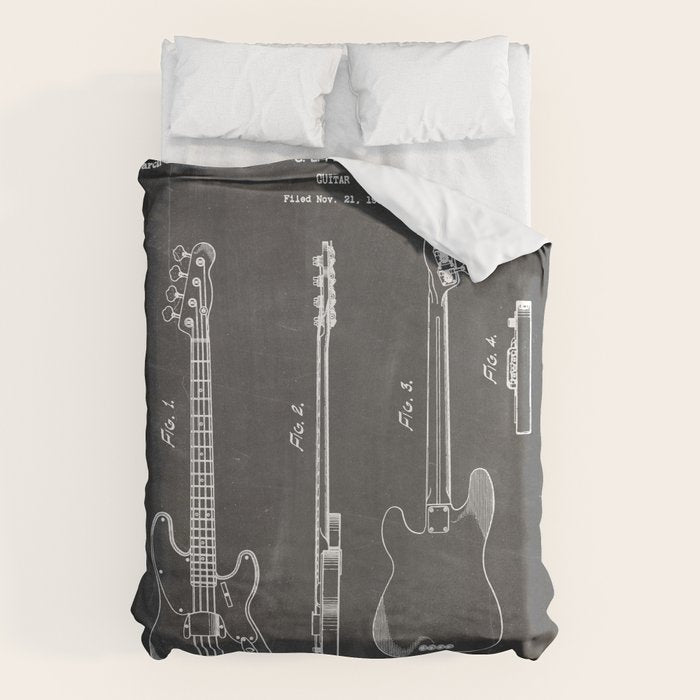 Bass Guitar Patent - Bass Guitarist Art - Black Chalkboard Duvet Cover Gallery Image 6
