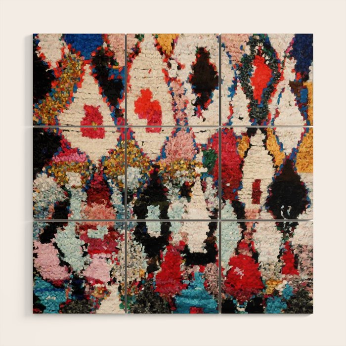 Antique Moroccan Boucherouitte Rug Print Wood Wall Art Gallery Image 1