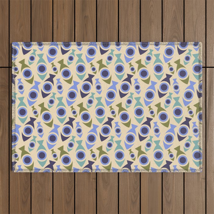 Geometric Fish Pattern - Blue and Olive Outdoor Rug Gallery Image 1